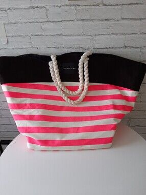 Victoria's Secret Hot Pink, White & Black Striped Canvas Tote